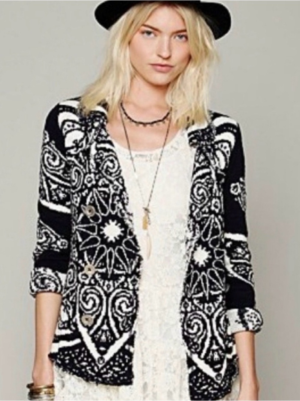 FREE PEOPLE FP Smitten Kitten Mandala Black White Open Front Cardigan Sweater XS